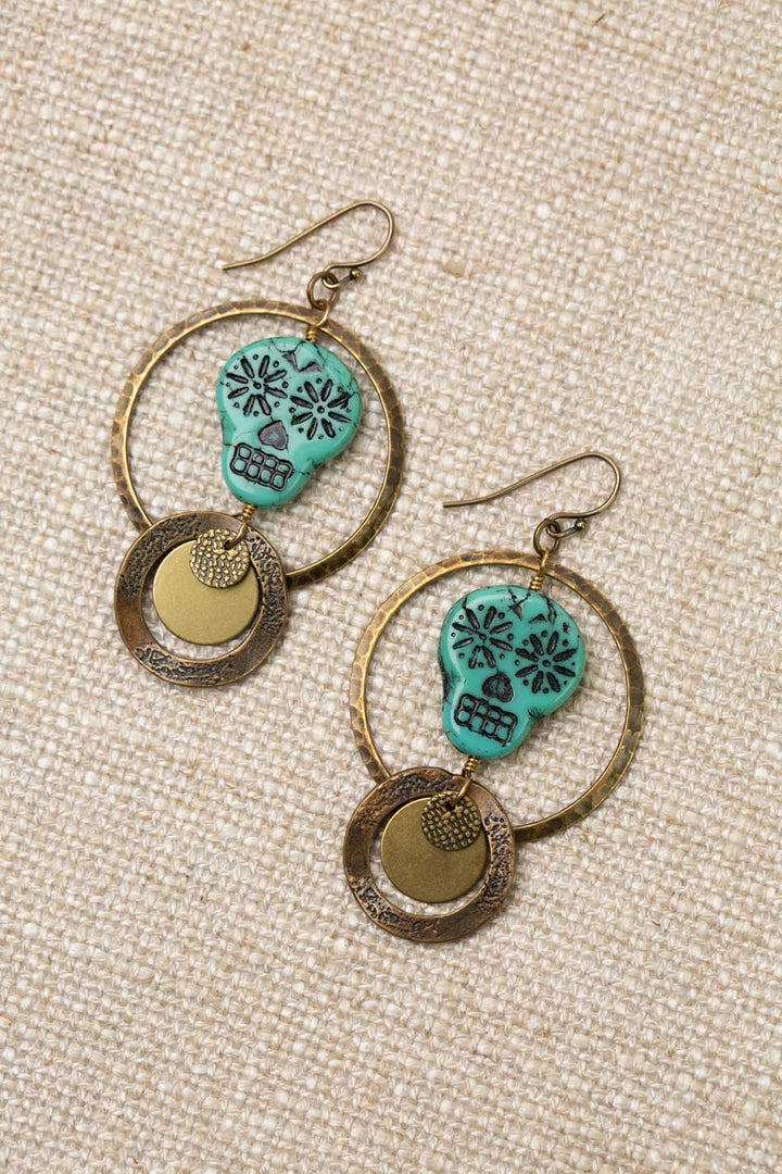 Czech Glass Hammered Hoops With Sugar Skull With Black Etching Hoop Earrings