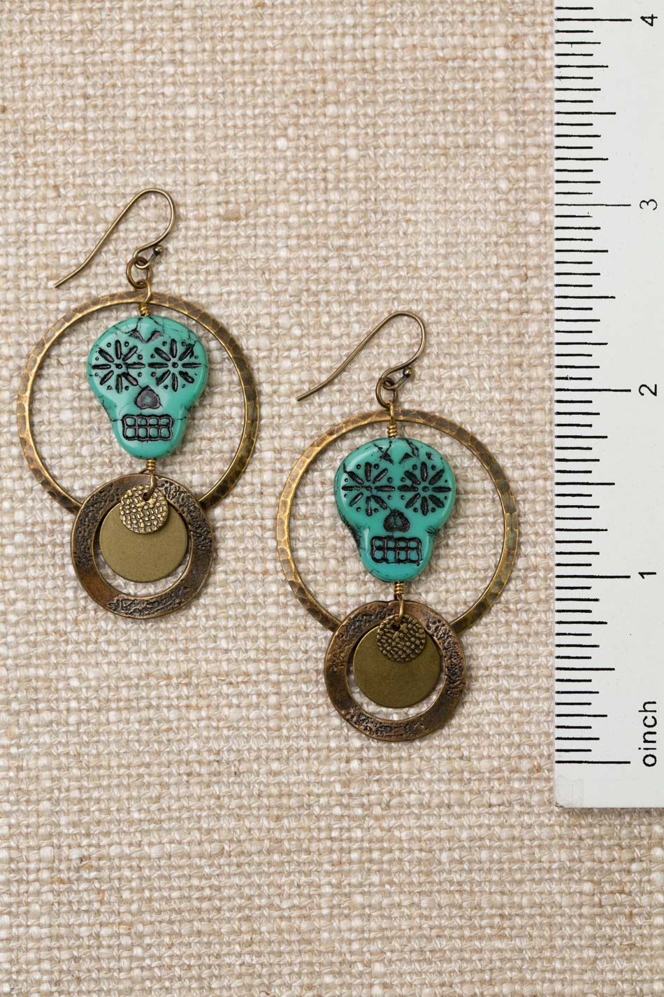 Czech Glass Hammered Hoops With Sugar Skull With Black Etching Hoop Earrings