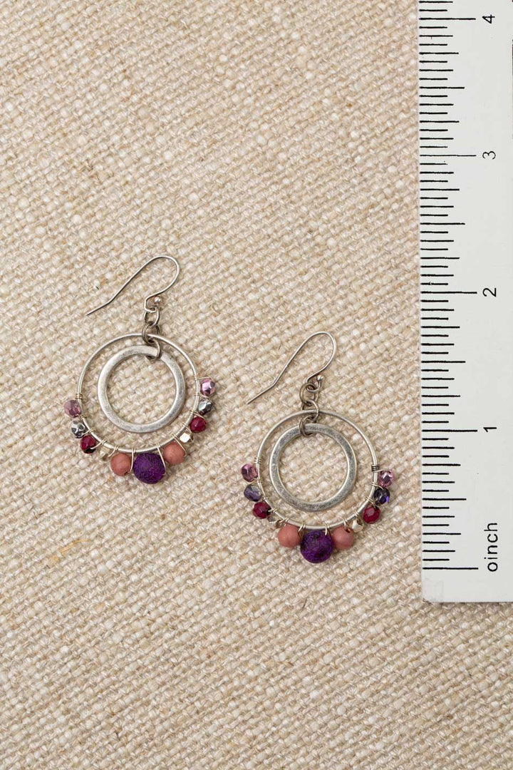 Czech Glass Double Hoop With Purple And Pink Beads Hoop Earrings