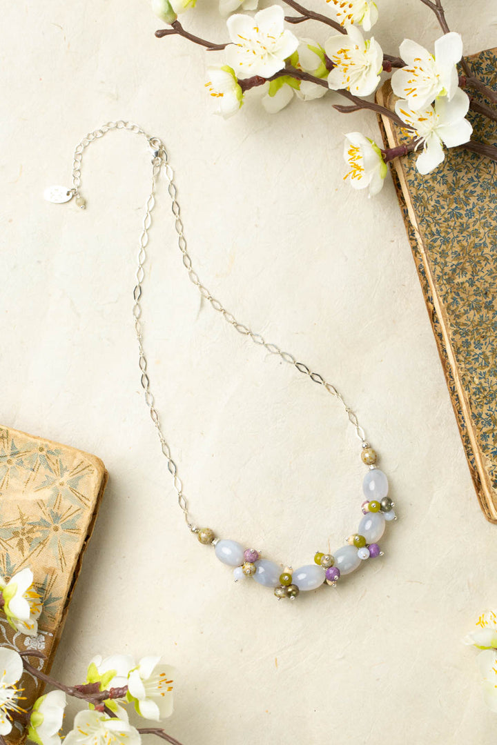 Cave Spring 15.25-17.25" Phosphosiderite, Olive Jade, Freshwater Pearl With Blue Lace Chalcedony Cluster Necklace