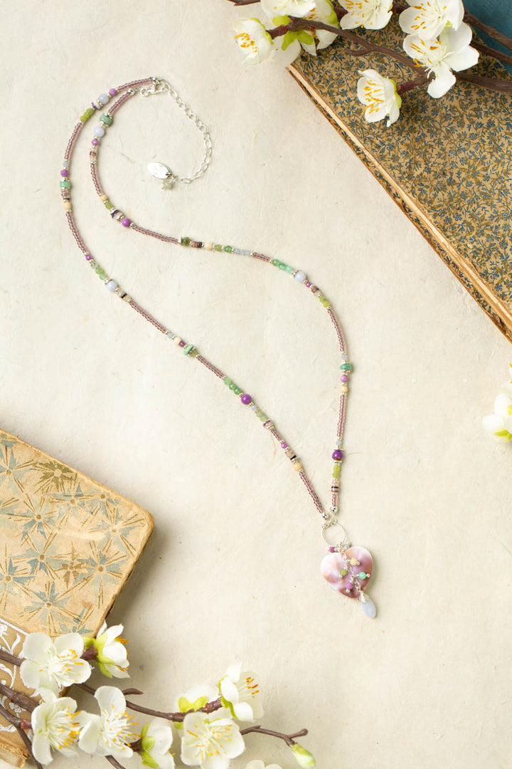 Cave Spring 20-22" Phosphosiderite, Olive Jade, Blue Lace Chalcedony With Wampum Shell Collage Necklace