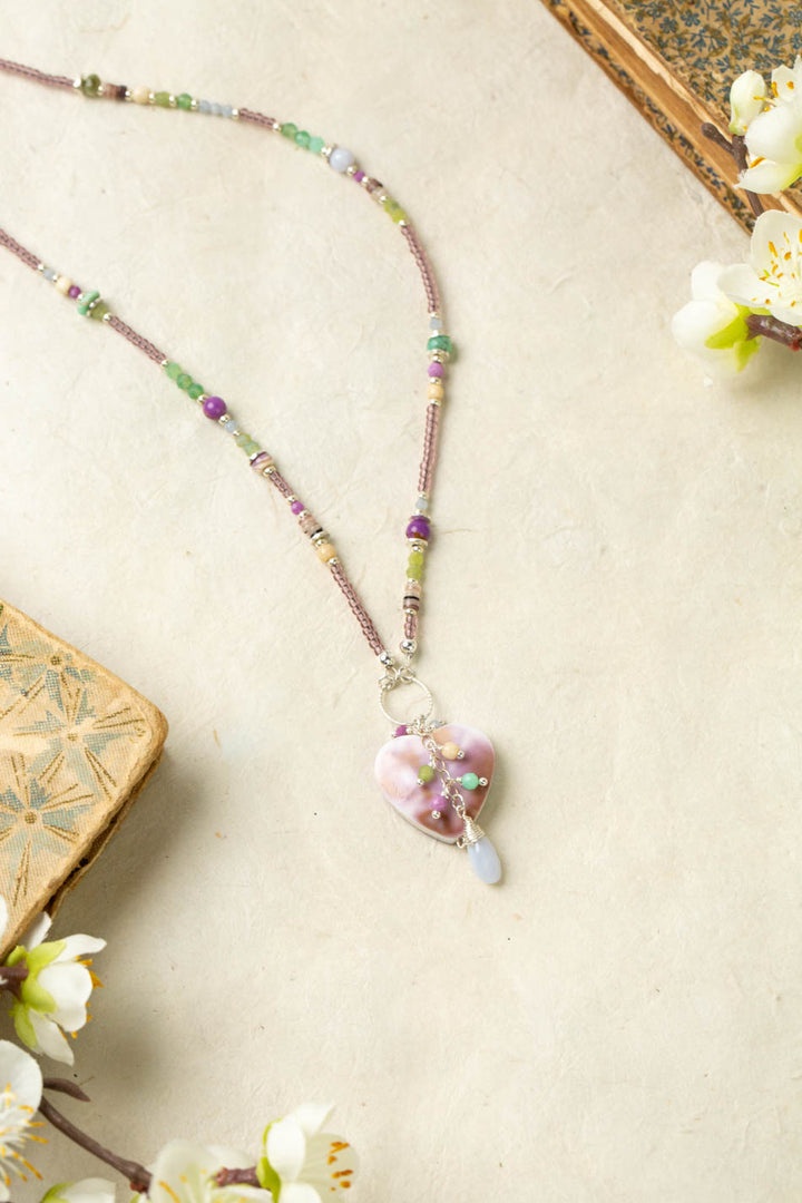 Cave Spring 20-22" Phosphosiderite, Olive Jade, Blue Lace Chalcedony With Wampum Shell Collage Necklace