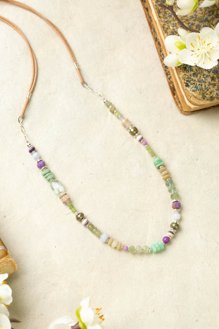 Cave Spring 21-23" Blue Lace Chalcedony, Chrysoprase, Green Moss Aquamarine With Phosphosiderite Collage Necklace