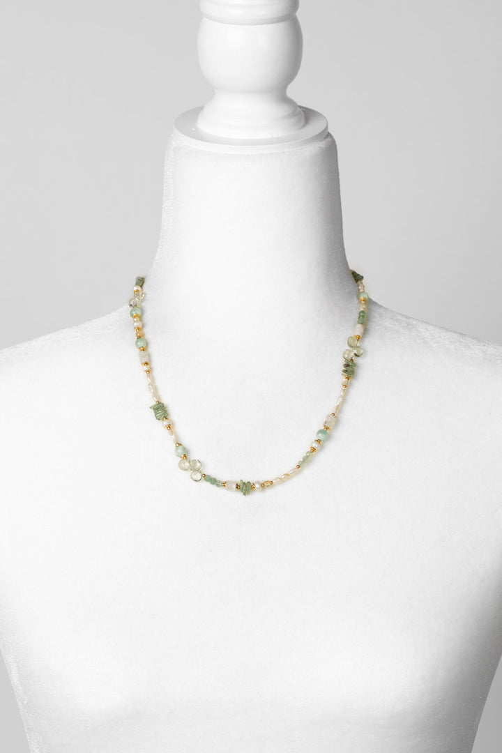 Contentment 20.5-22.5" Green Aventurine, Rainbow Moonstone, Pearl Simple Necklace