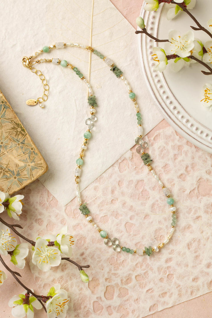 Contentment 20.5-22.5" Green Aventurine, Rainbow Moonstone, Pearl Simple Necklace