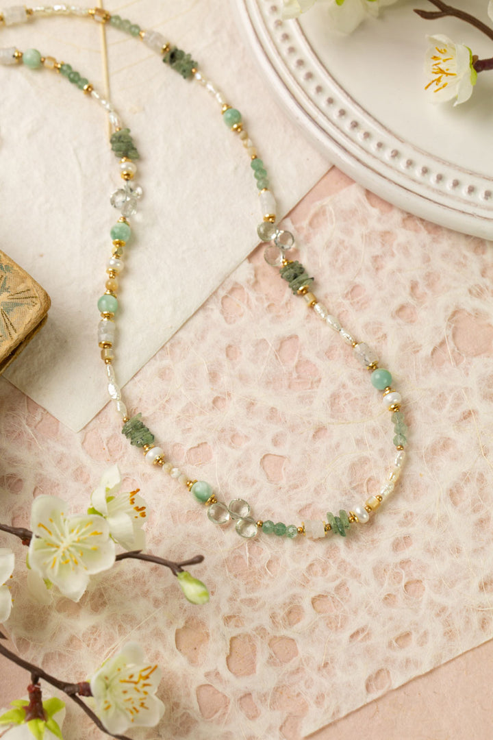 Contentment 20.5-22.5" Green Aventurine, Rainbow Moonstone, Pearl Simple Necklace