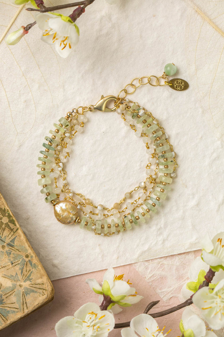 Contentment 7.5-8.5" Green Amethyst, Pearl, Rainbow Moonstone Multistrand Bracelet