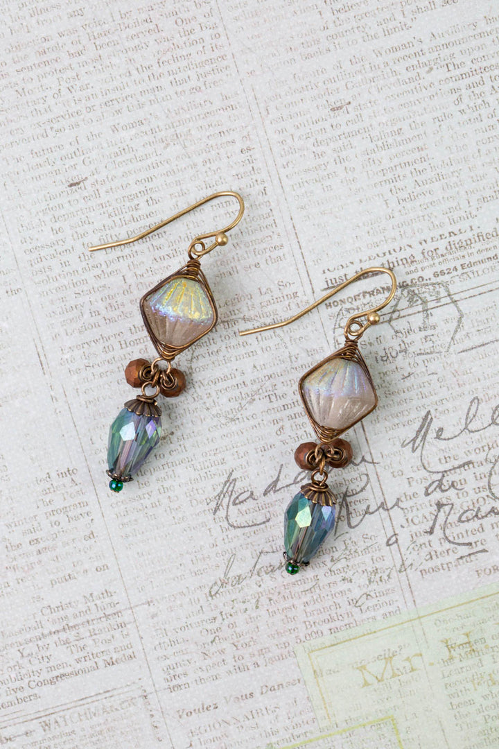 Crisp Autumn Czech Glass, Crystal Dangle Herringbone Earrings