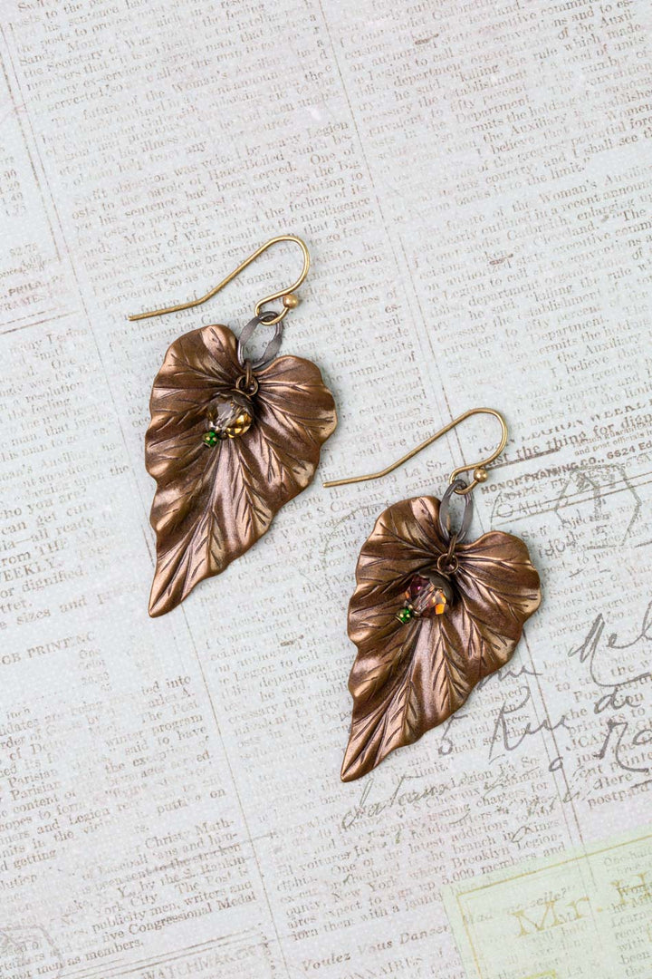 Crisp Autumn Antique Brass Leaf, Crystal Statement Earrings