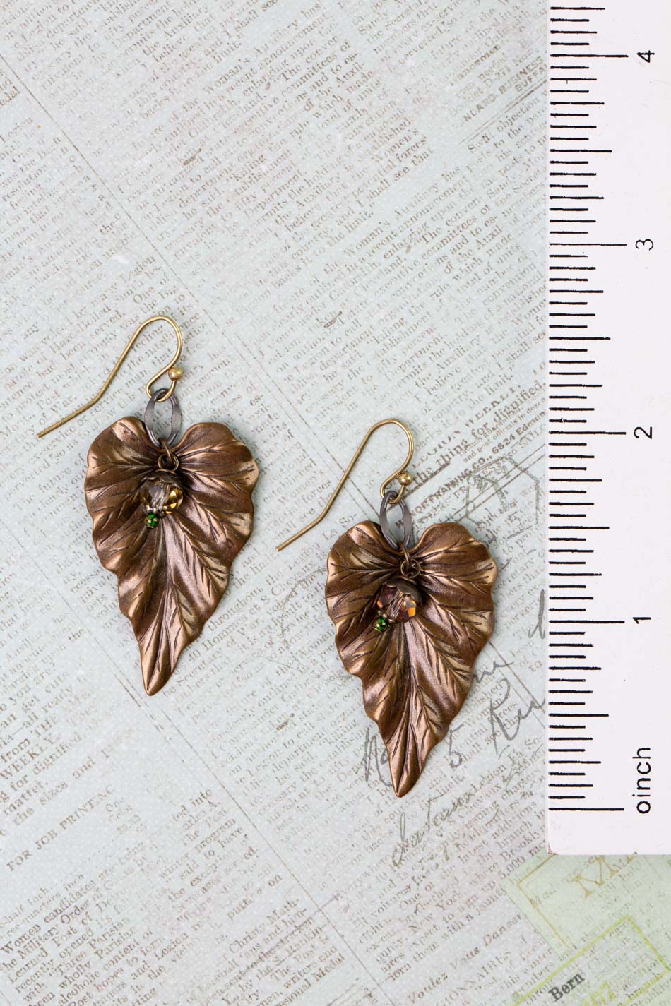 Crisp Autumn Antique Brass Leaf, Crystal Statement Earrings