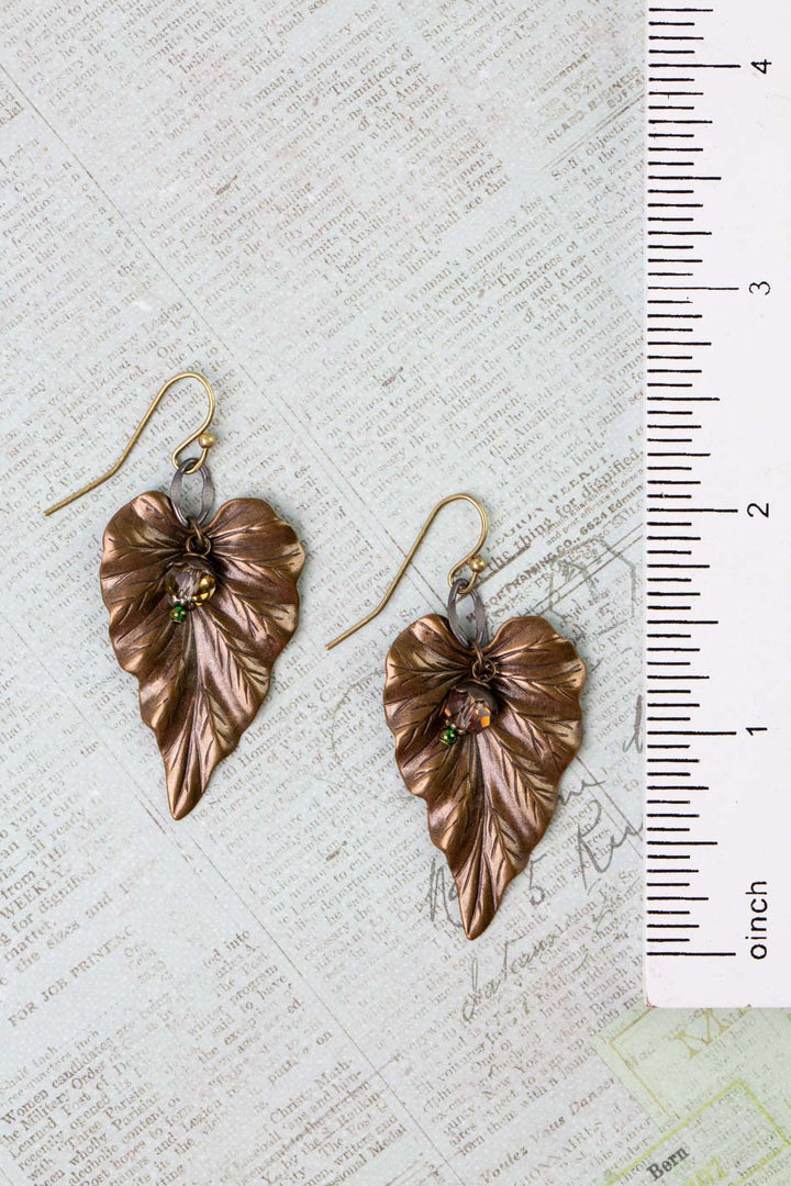 Crisp Autumn Antique Brass Leaf, Crystal Statement Earrings
