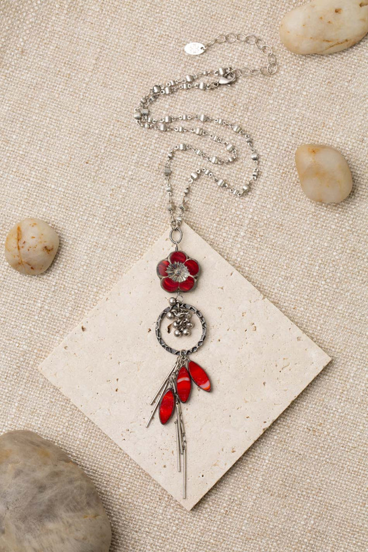 Czech Glass 16-18" Red Flower Tassel Necklace