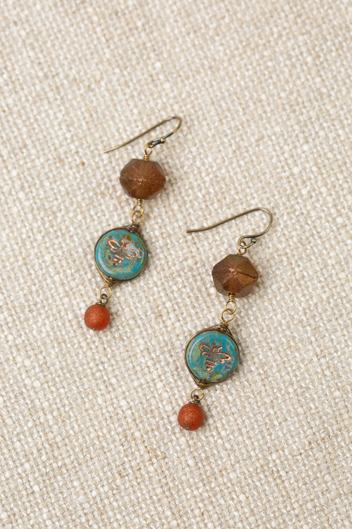 Czech Glass Stamped Bee With Copper Etching Herringbone Earrings