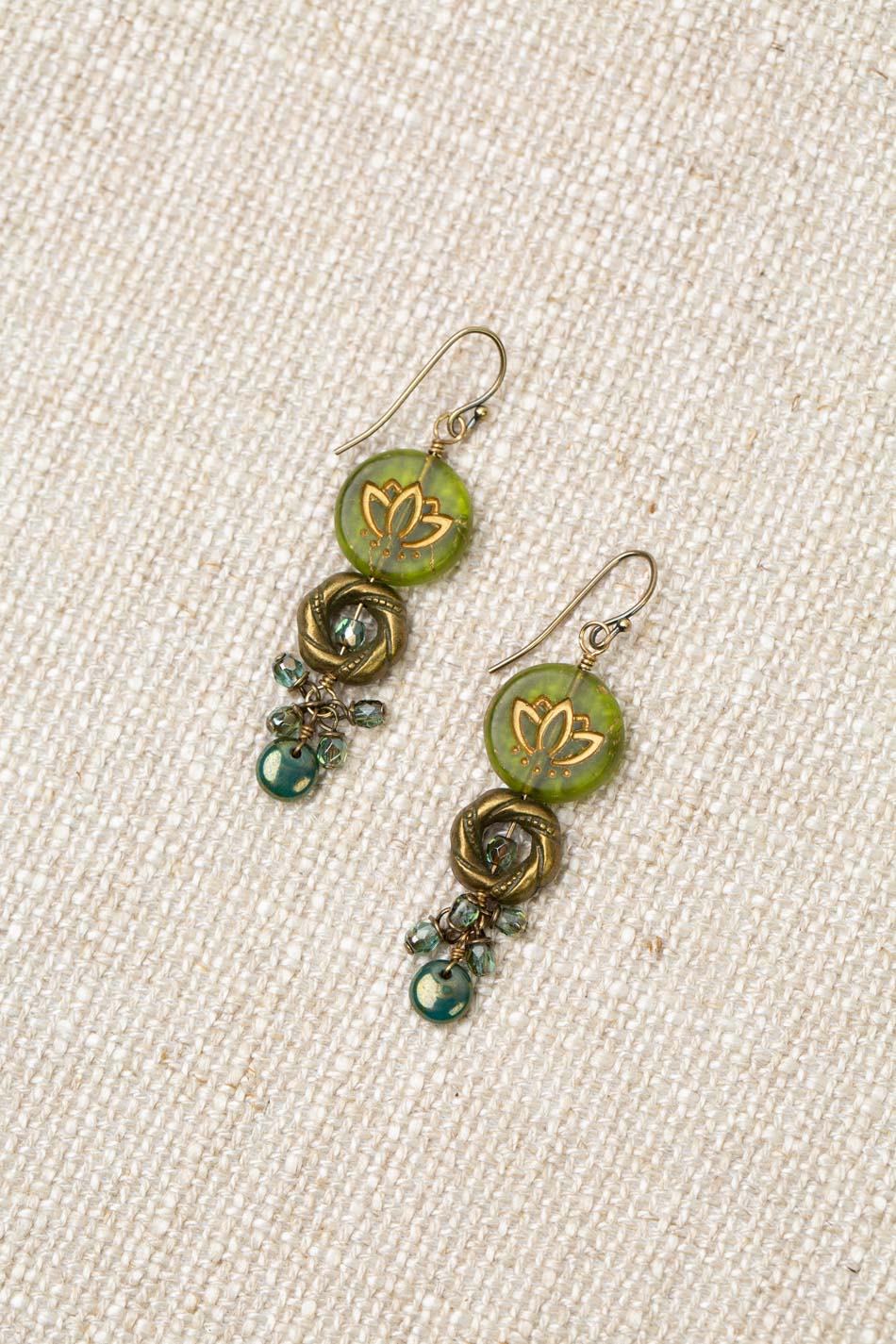 Czech Glass Green Lotus With Gold Etching Dangle Earrings