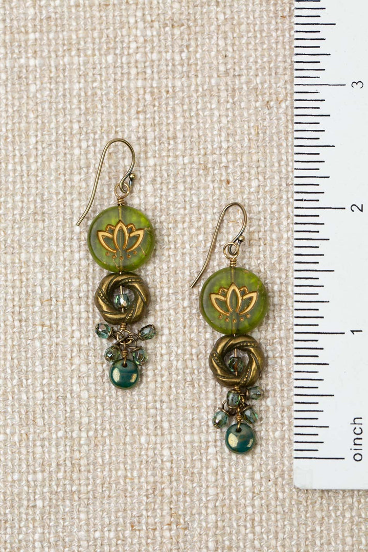 Czech Glass Green Lotus With Gold Etching Dangle Earrings