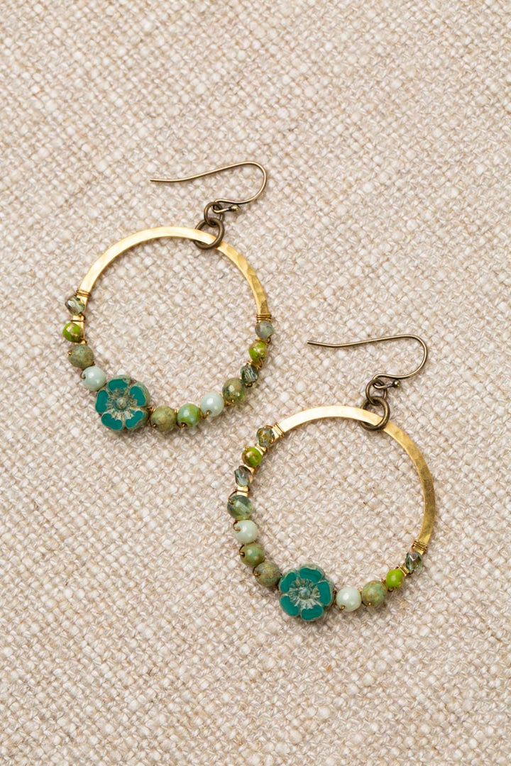 Czech Glass Sea Green Flower Hoop Earrings