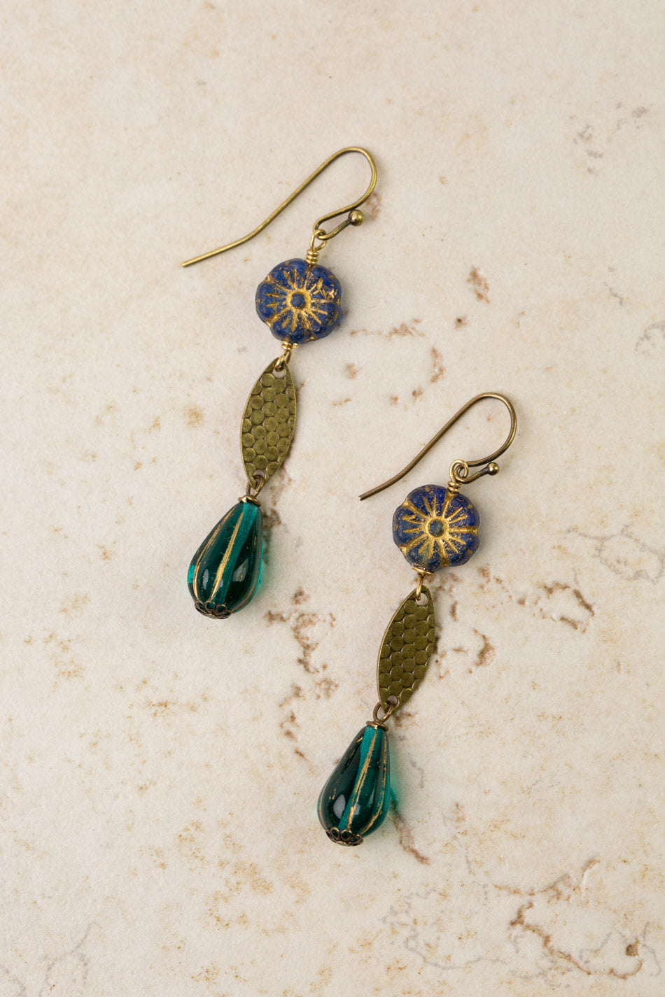 Czech Glass Small Blue Flower Dangle Earrings