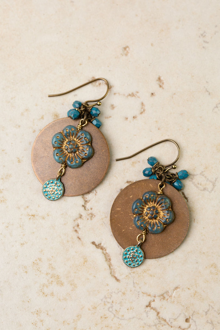 Czech Glass Blue Flower With Blue Clusters Statement Earrings