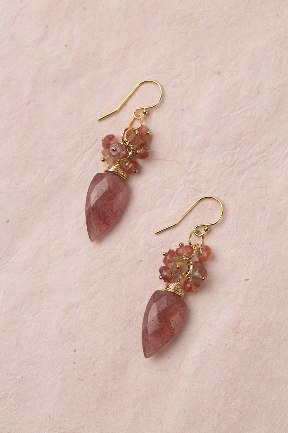 Divinity Andesine With Strawberry Quartz Arrowhead Shaped Briolette Cluster Earrings