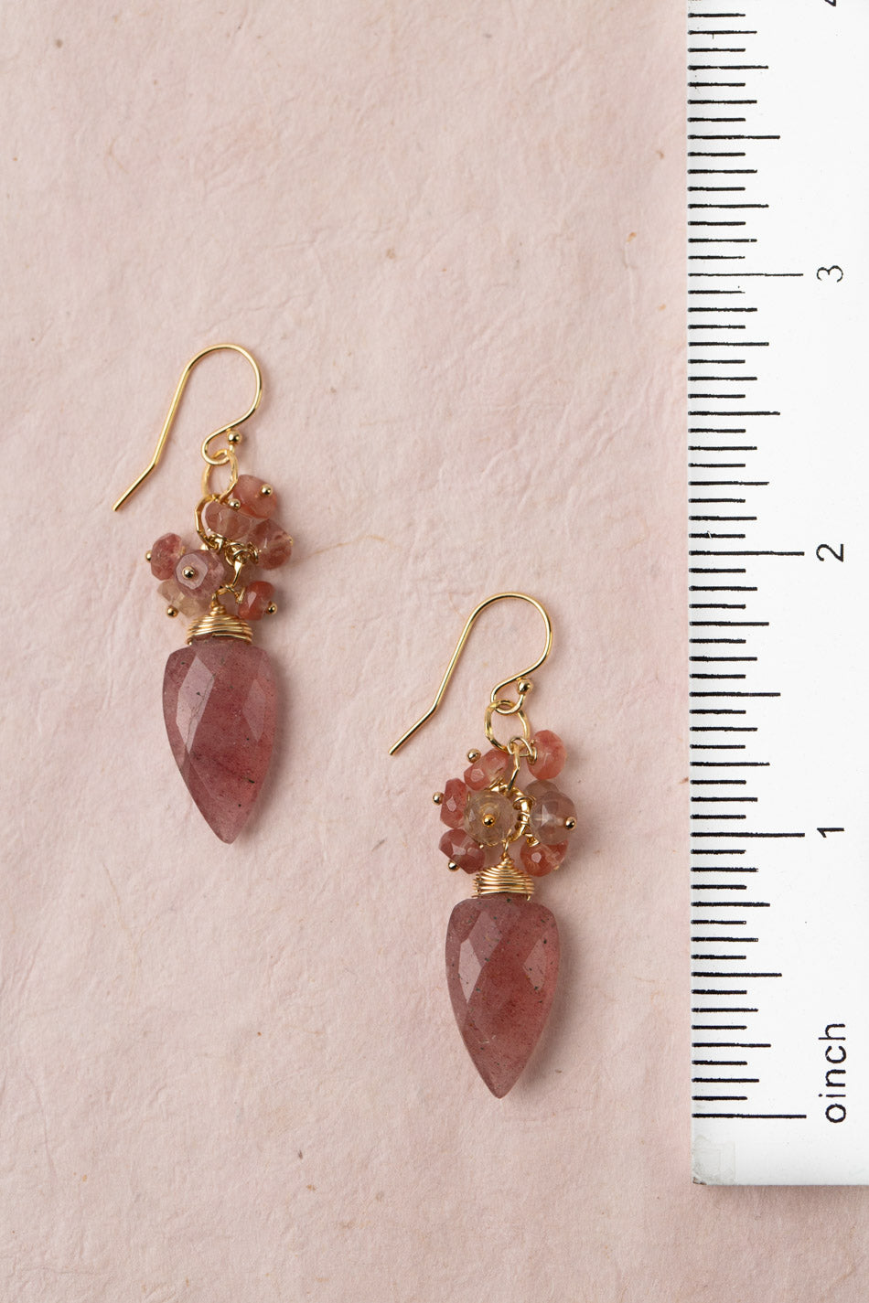 Divinity Andesine With Strawberry Quartz Arrowhead Shaped Briolette Cluster Earrings