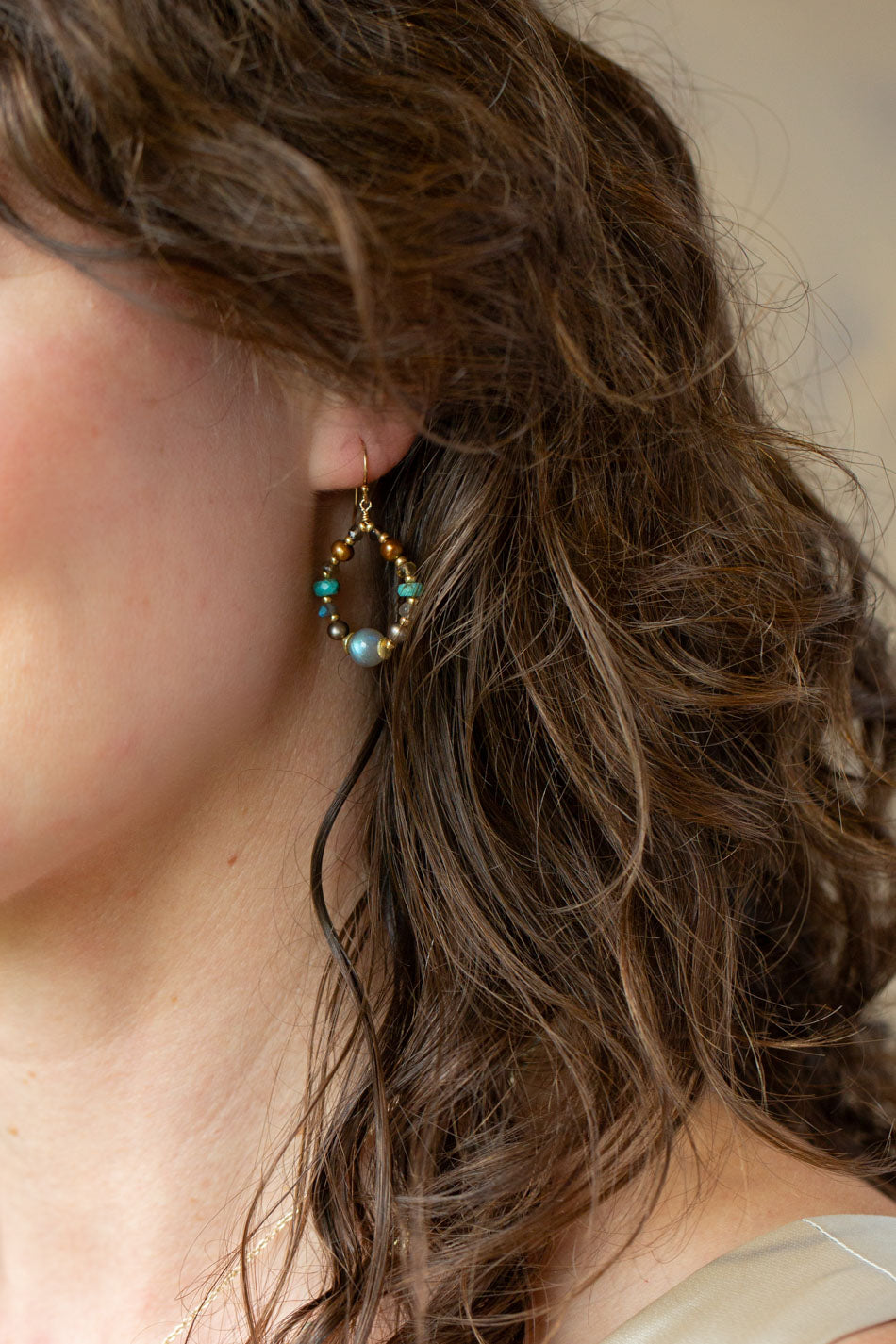 Desert Sunset Freshwater Pearl, Turquoise With Labradorite Hoop Earrings