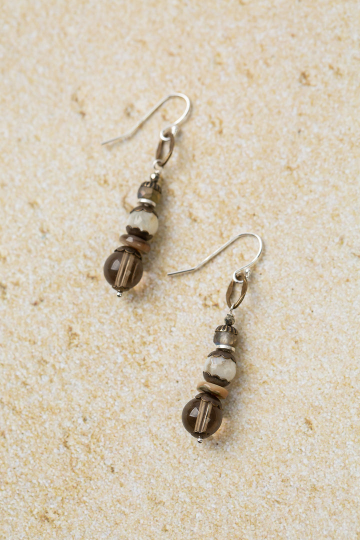 Dunes Czech Glass, Mother Of Pearl With Smoky Quartz Simple Earrings