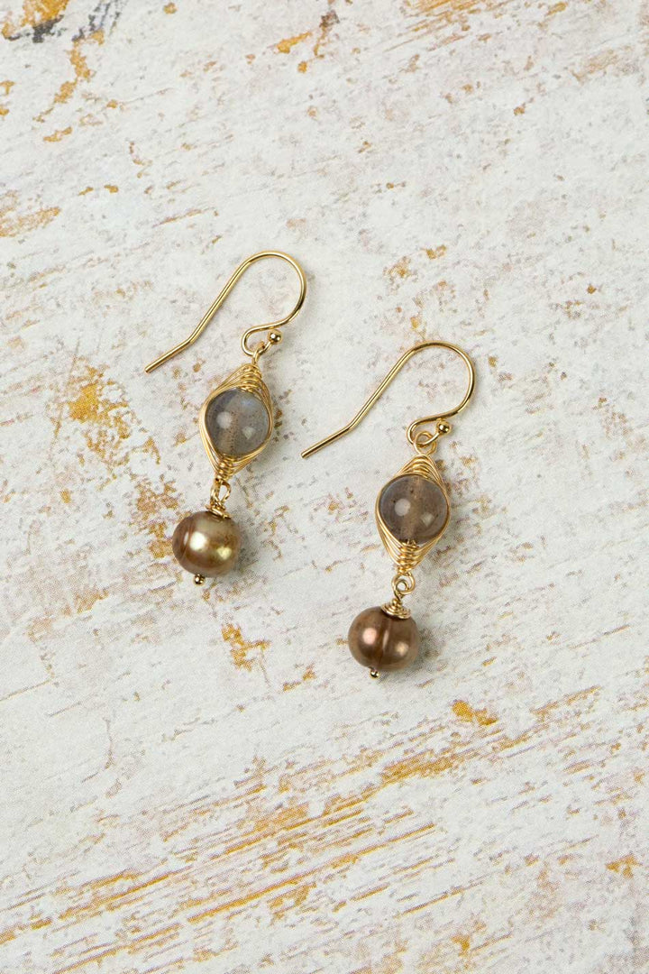 Desert Sunset Freshwater Pearl, Labradorite Herringbone Earrings