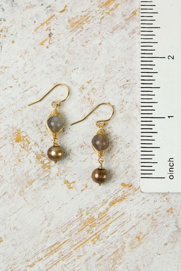 Desert Sunset Freshwater Pearl, Labradorite Herringbone Earrings