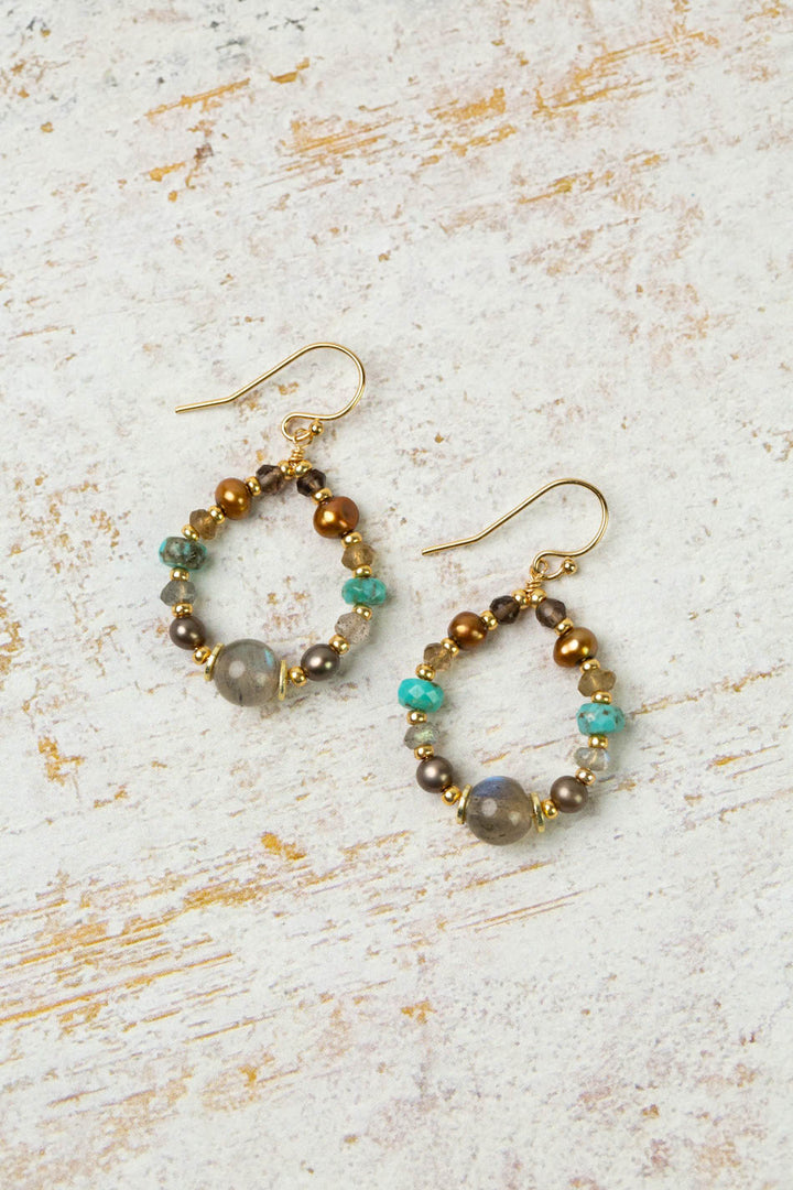Desert Sunset Freshwater Pearl, Turquoise With Labradorite Hoop Earrings