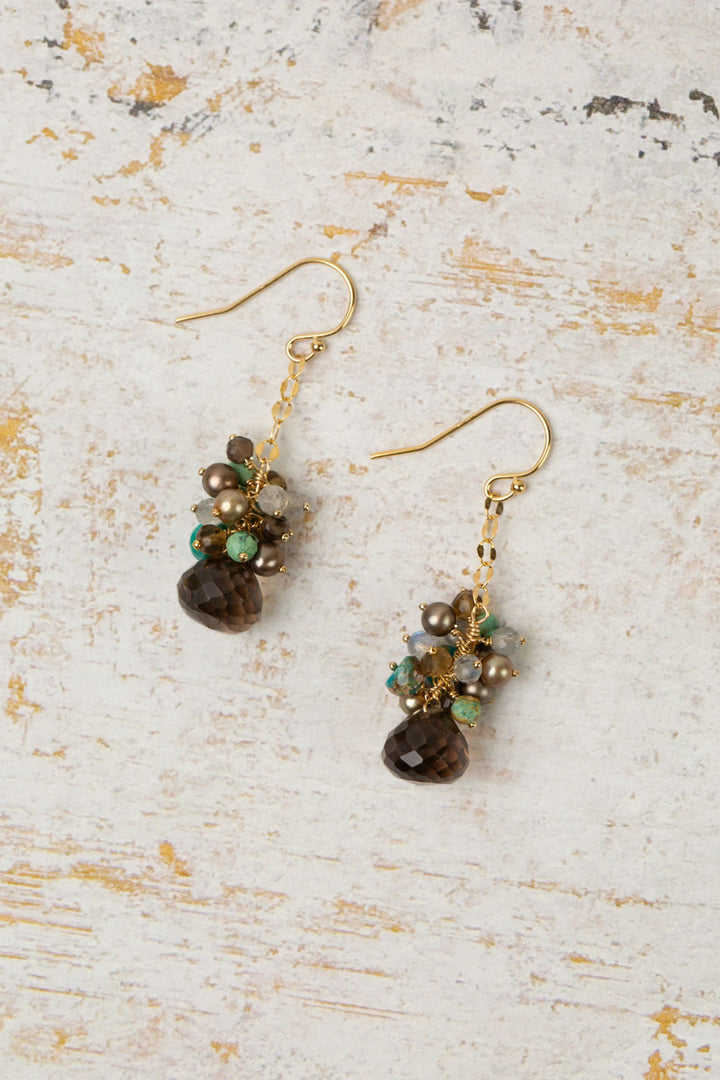 Desert Sunset Freshwater Pearl, Turquoise, Labradorite With Smokey Quartz Cluster Earrings