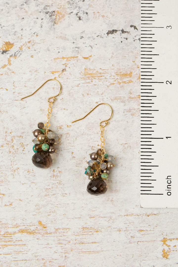 Desert Sunset Freshwater Pearl, Turquoise, Labradorite With Smokey Quartz Cluster Earrings