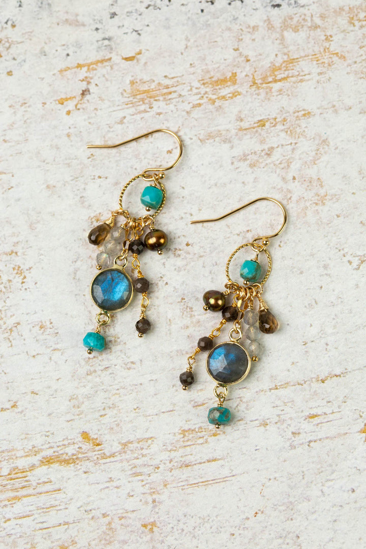 Desert Sunset Turquoise, Freshwater Pearl, Whiskey Quartz With Labradorite Dangle Earrings