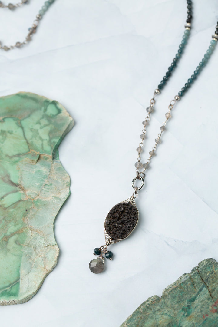 Eclipse 24.5-26.5" Black Druzy Quartz With Labradorite Briolette And Faceted Tourmaline Dangles Statement Necklace