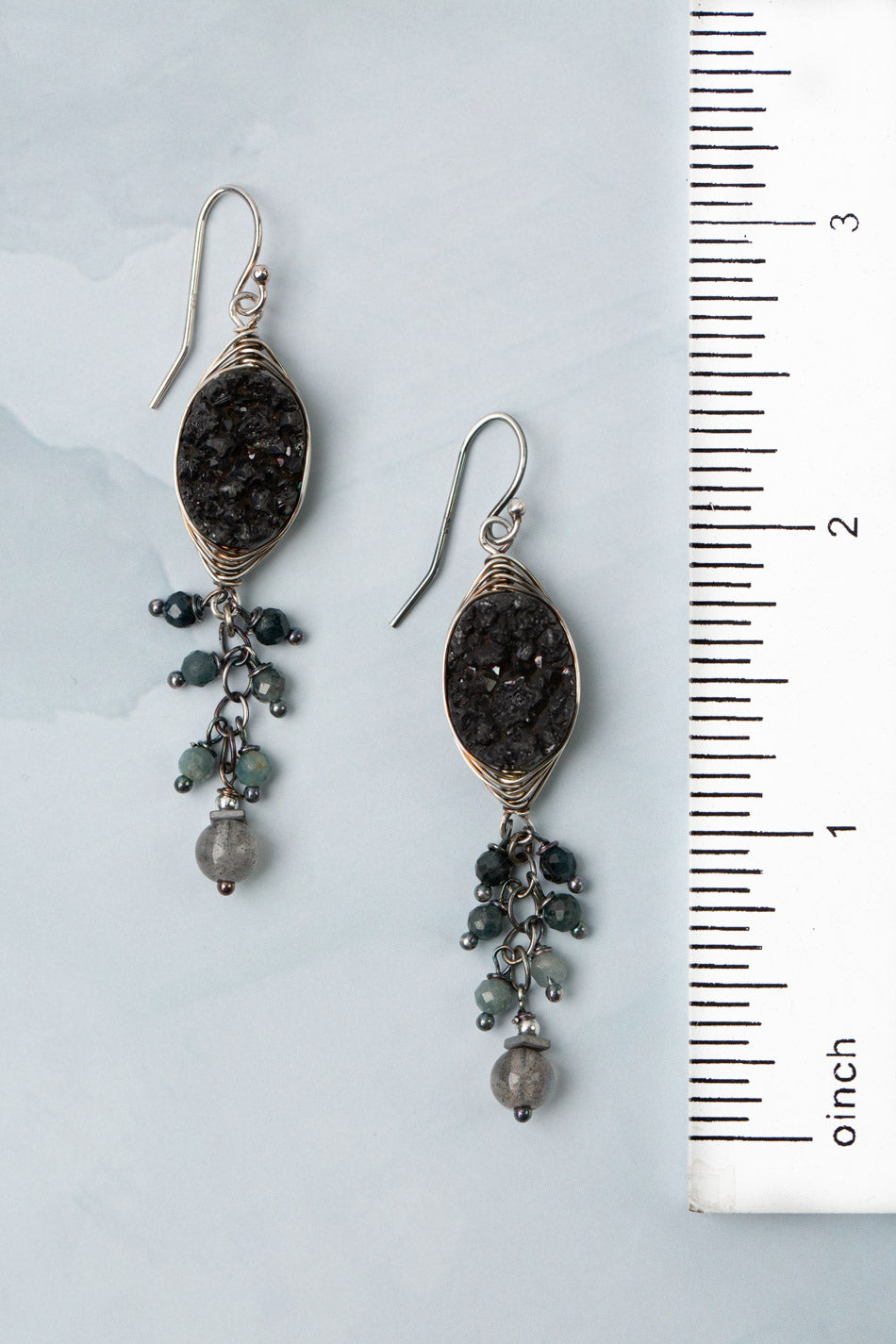 Eclipse Faceted Tourmaline, Labradorite, Hematite With Black Druzy Quartz Herringbone Earrings