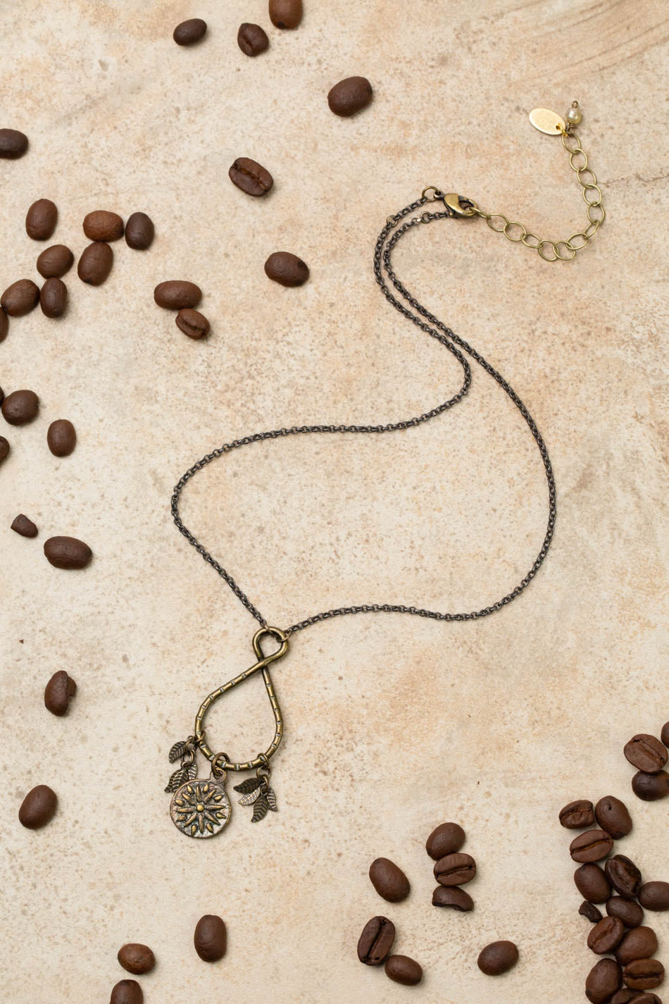 Espresso 16.5-18.5" Organic Hammered Ring With Mandala Charm And Antique Brass Leaves Cluster Necklace