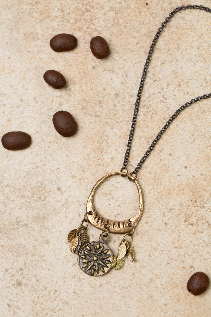 Espresso 16.5-18.5" Organic Hammered Ring With Mandala Charm And Antique Brass Leaves Cluster Necklace