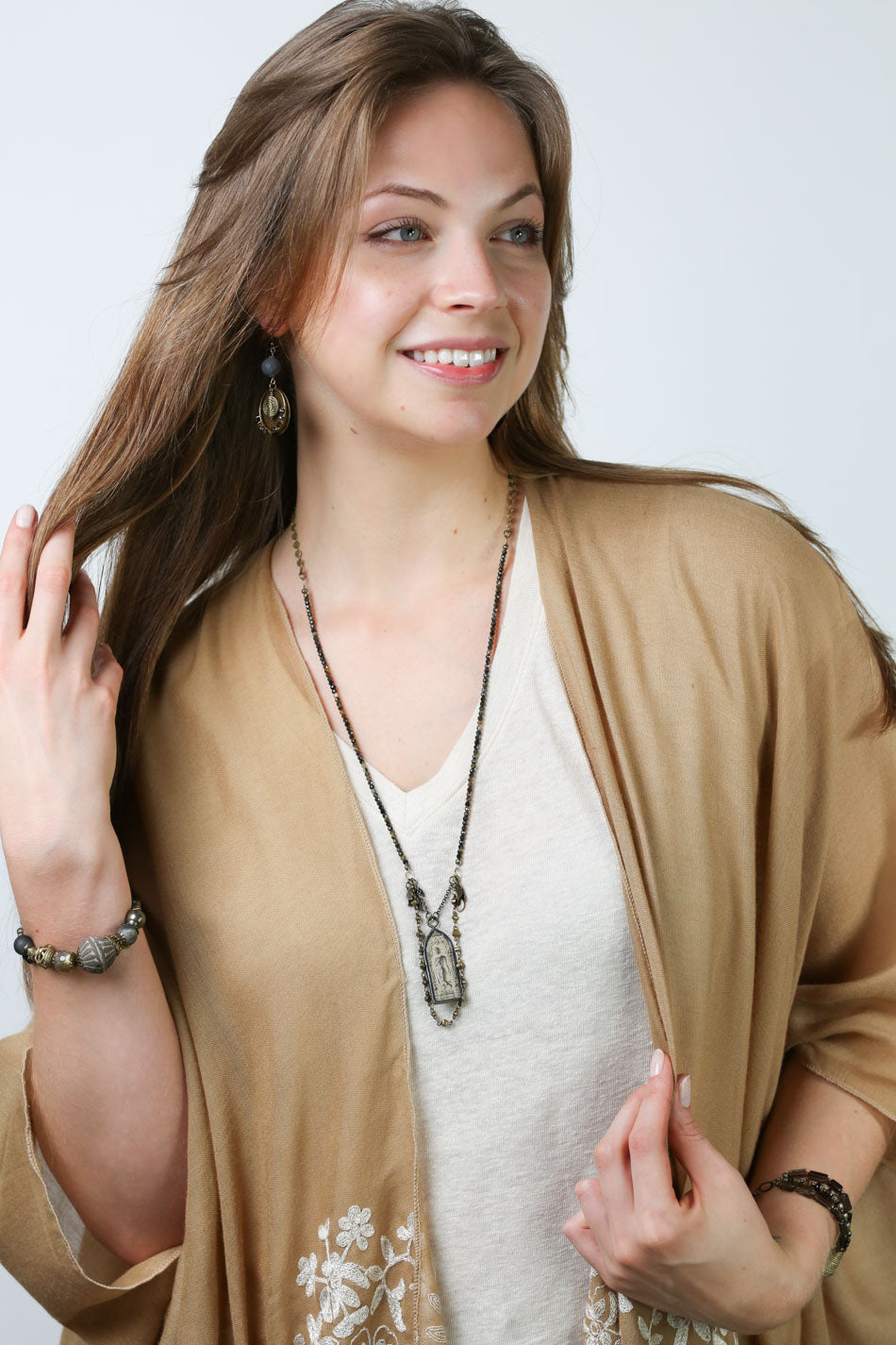 Espresso 24.75-26.75" Blue Tigers Eye, Antique Brass Dragonfly With Lily And Ripples Cluster Necklace