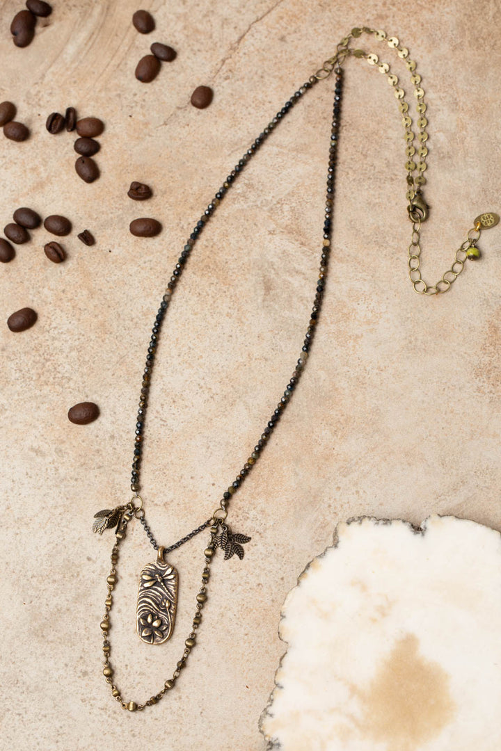 Espresso 24.75-26.75" Blue Tigers Eye, Antique Brass Dragonfly With Lily And Ripples Cluster Necklace