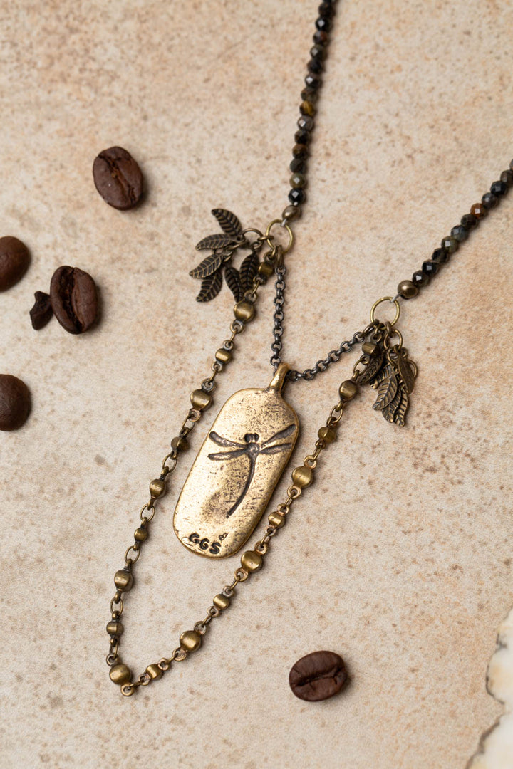 Espresso 24.75-26.75" Blue Tigers Eye, Antique Brass Dragonfly With Lily And Ripples Cluster Necklace