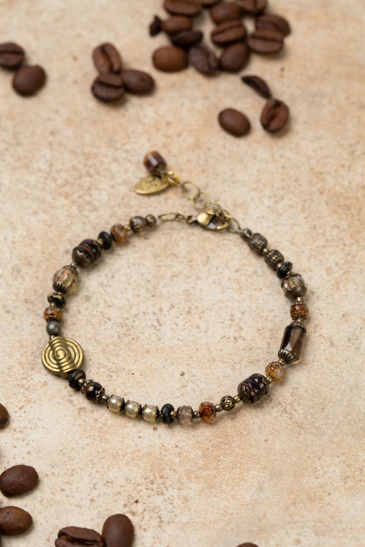 Espresso 7.5-8.5" Smokey Quartz, Czech Glass, Wood With Antique Brass Spiral Simple Bracelet