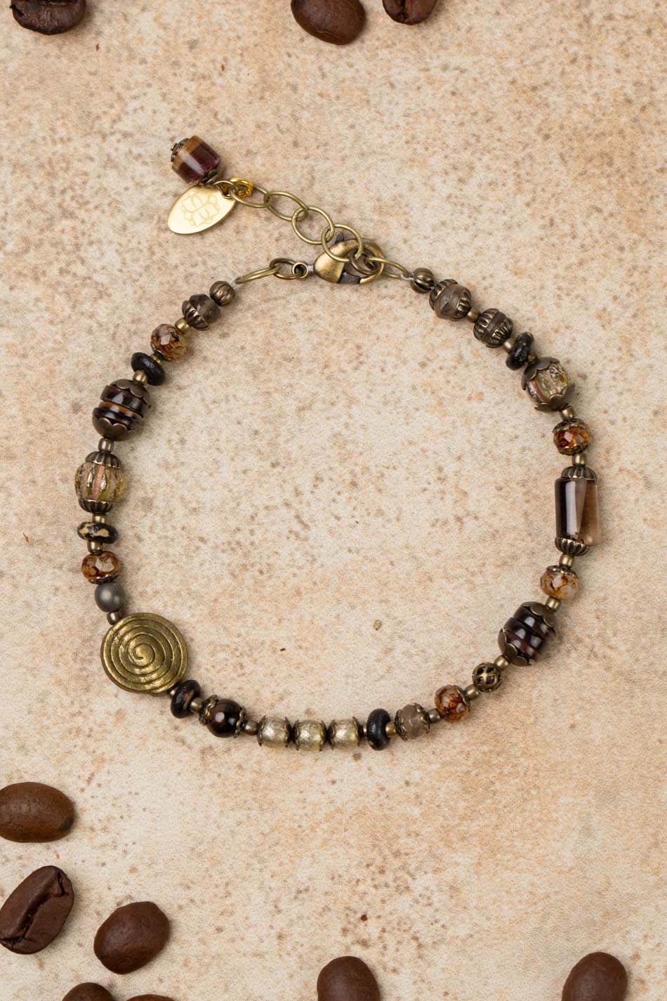 Espresso 7.5-8.5" Smokey Quartz, Czech Glass, Wood With Antique Brass Spiral Simple Bracelet