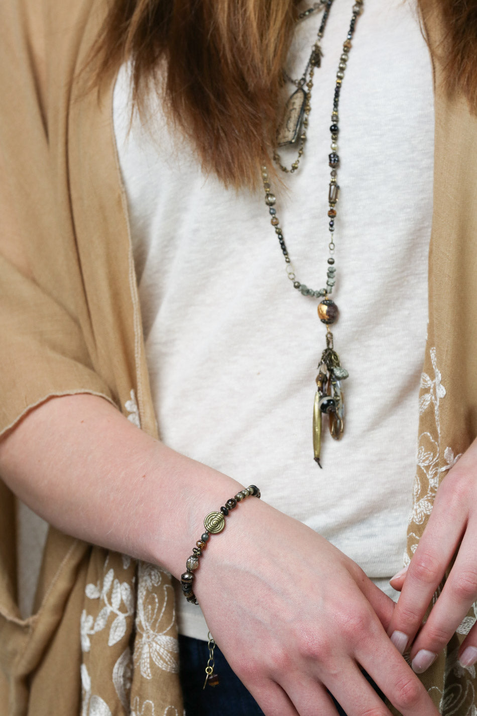 Espresso 7.5-8.5" Smokey Quartz, Czech Glass, Wood With Antique Brass Spiral Simple Bracelet