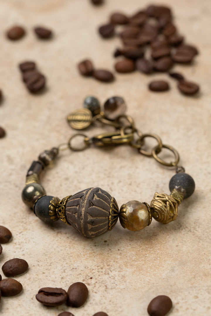 Espresso 7-8" Agate, Pyrite with African Trade Bead Statement Bracelet