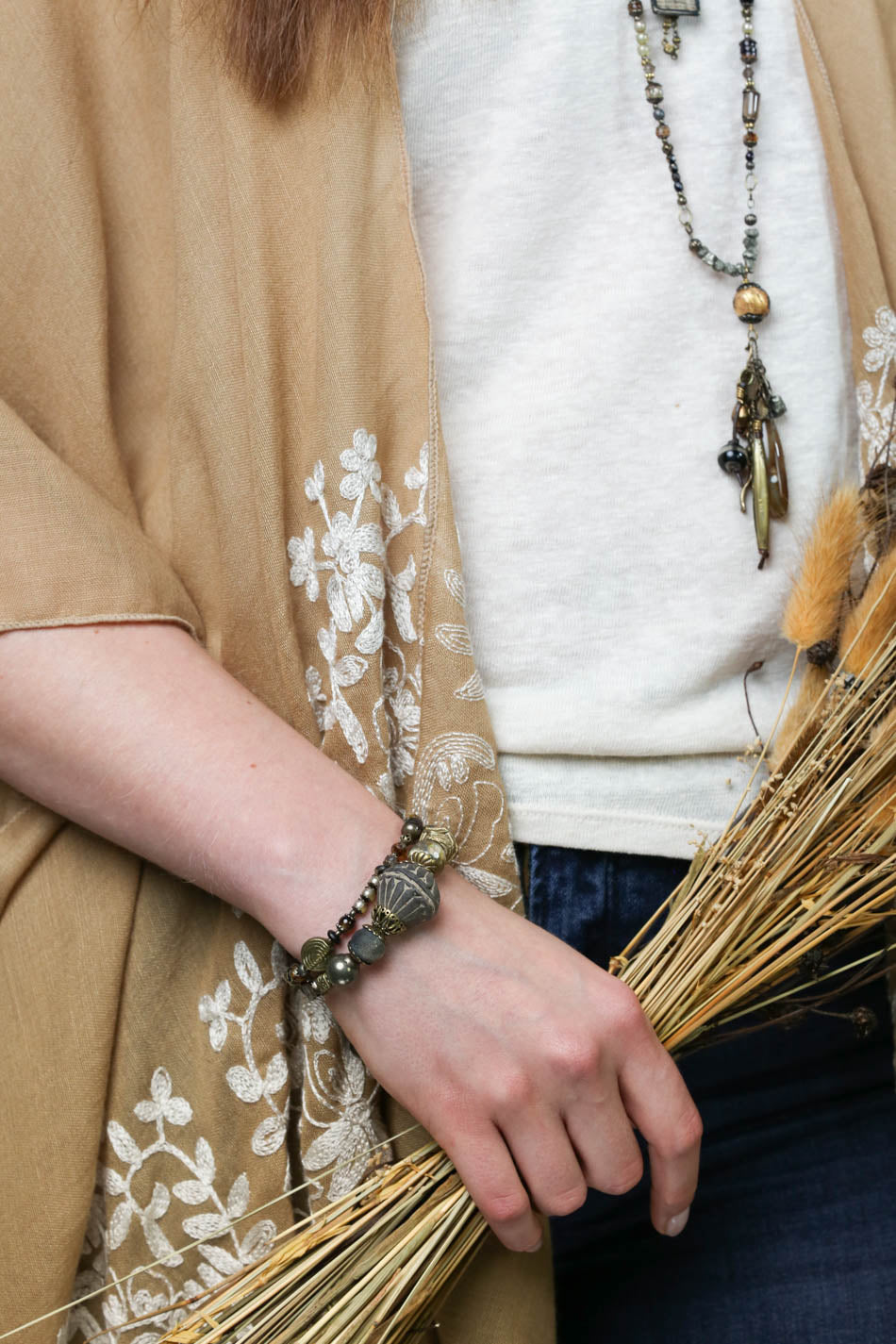 Espresso 7-8" Agate, Pyrite with African Trade Bead Statement Bracelet