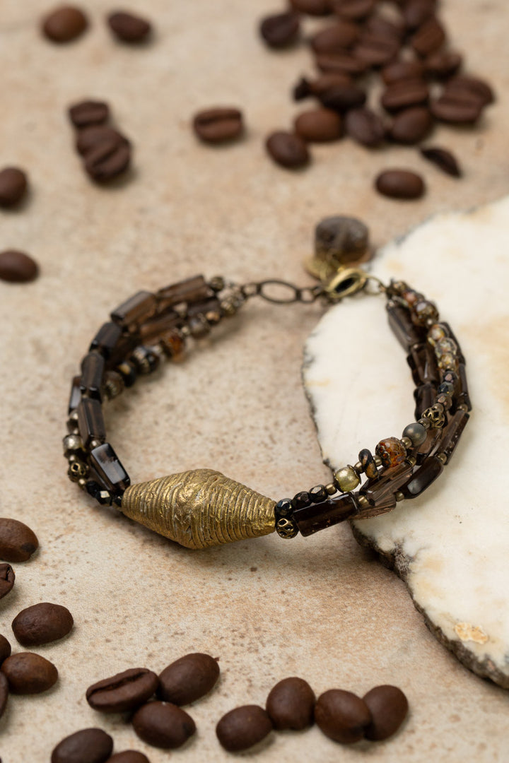 Espresso 7.75-8.75" Smokey Quartz, Czech Glass with African Lost Wax Brass Bead Multistrand Bracelet