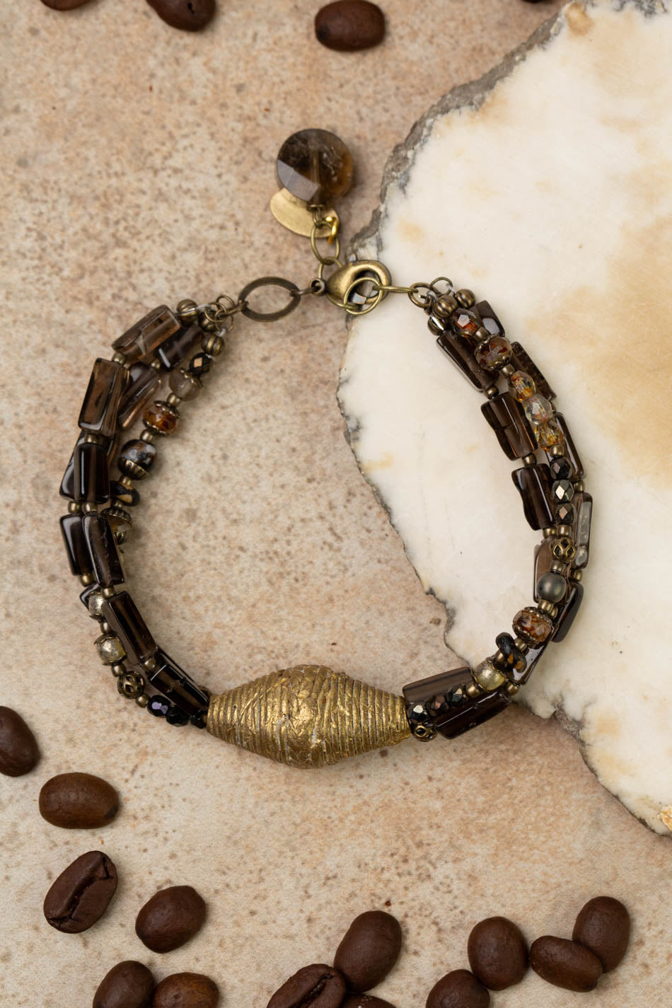 Espresso 7.75-8.75" Smokey Quartz, Czech Glass with African Lost Wax Brass Bead Multistrand Bracelet