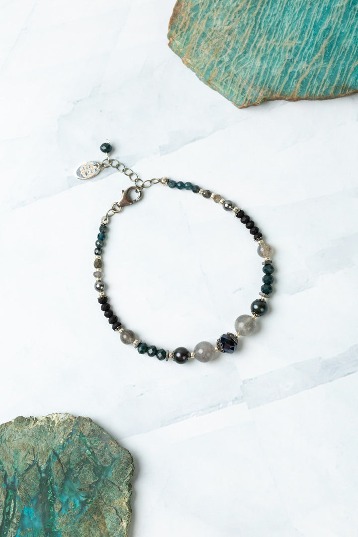 Eclipse 7.5-8.5" Grandiderite, Freshwater Pearl, Labradorite With Moonstone Simple Bracelet