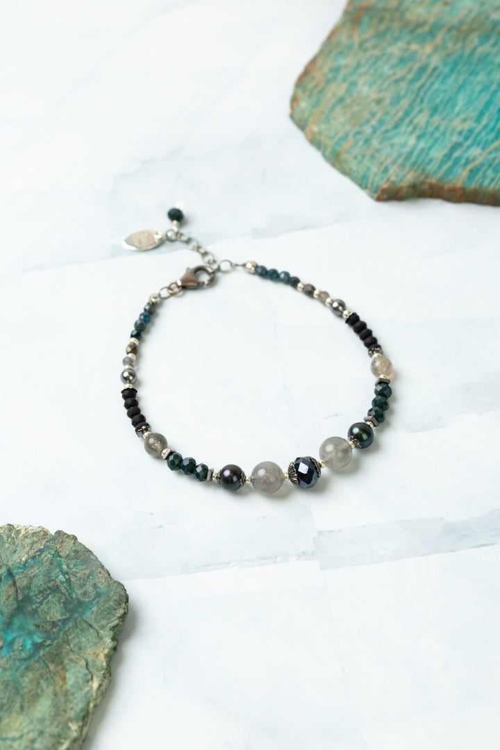 Eclipse 7.5-8.5" Grandiderite, Freshwater Pearl, Labradorite With Moonstone Simple Bracelet