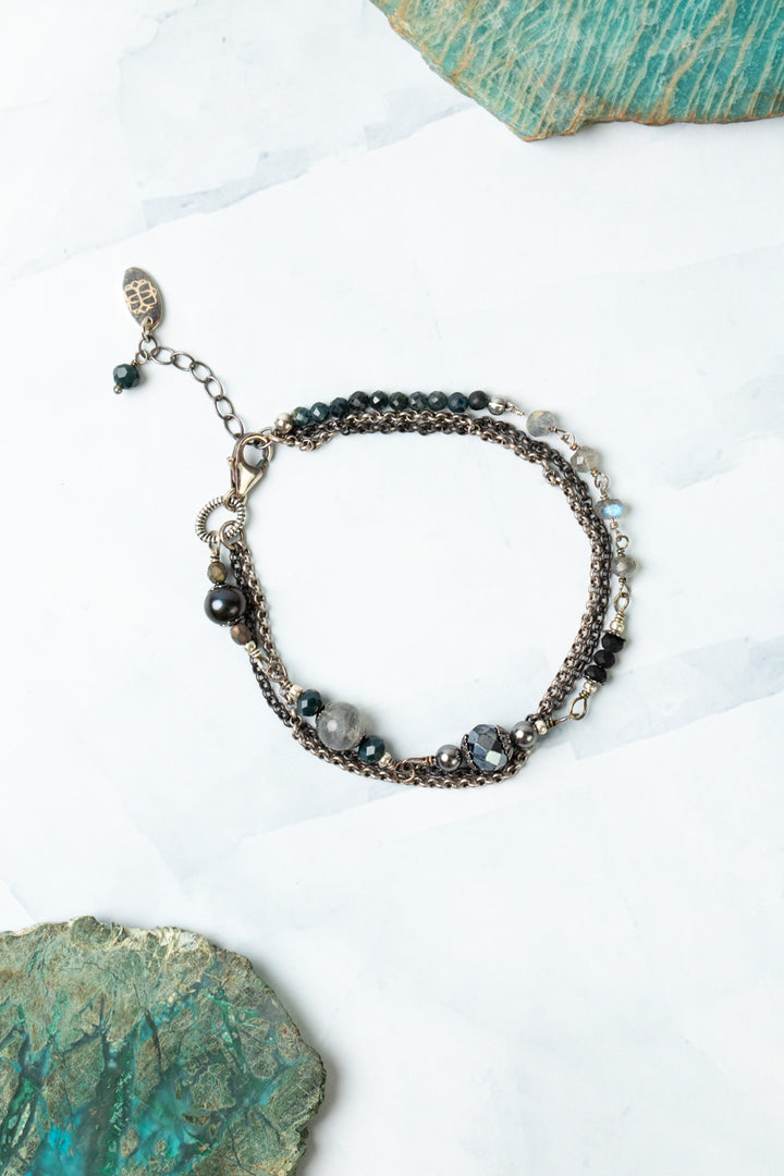 Eclipse 7.5-8.5" Grandiderite, Freshwater Pearl, Labradorite With Moonstone Multistrand Bracelet