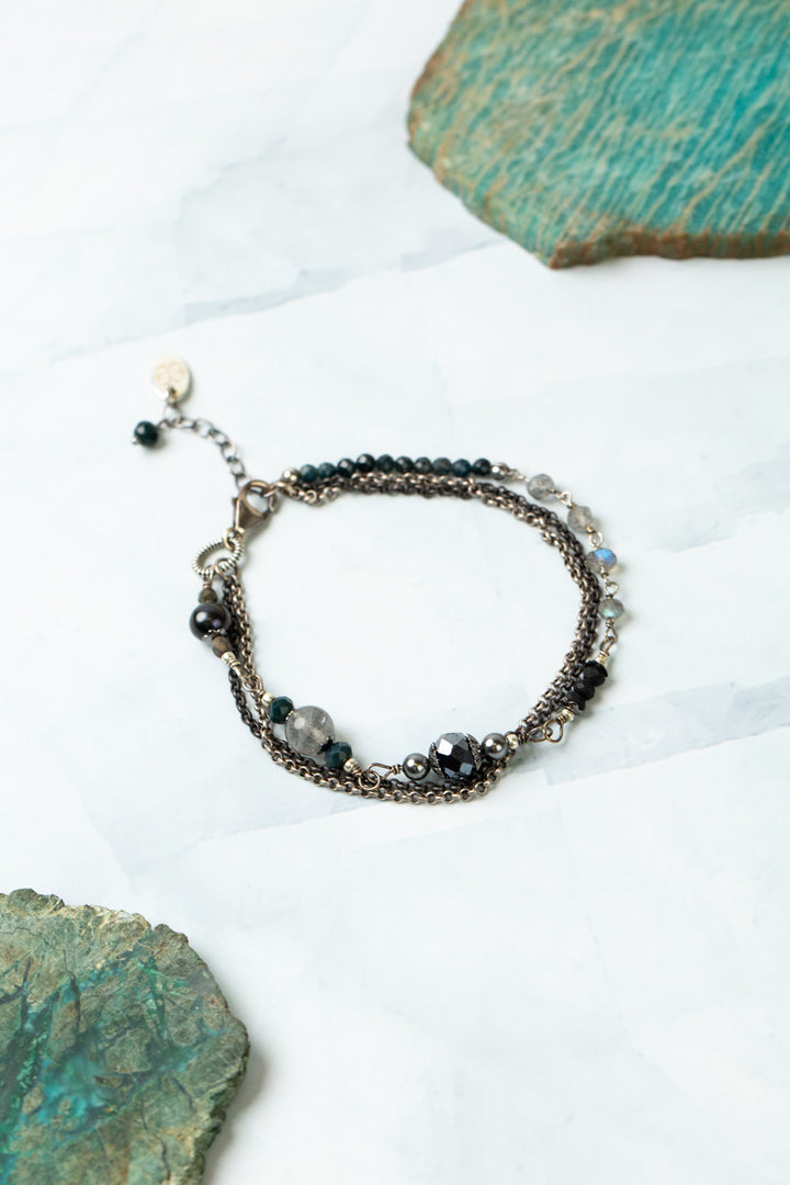 Eclipse 7.5-8.5" Grandiderite, Freshwater Pearl, Labradorite With Moonstone Multistrand Bracelet